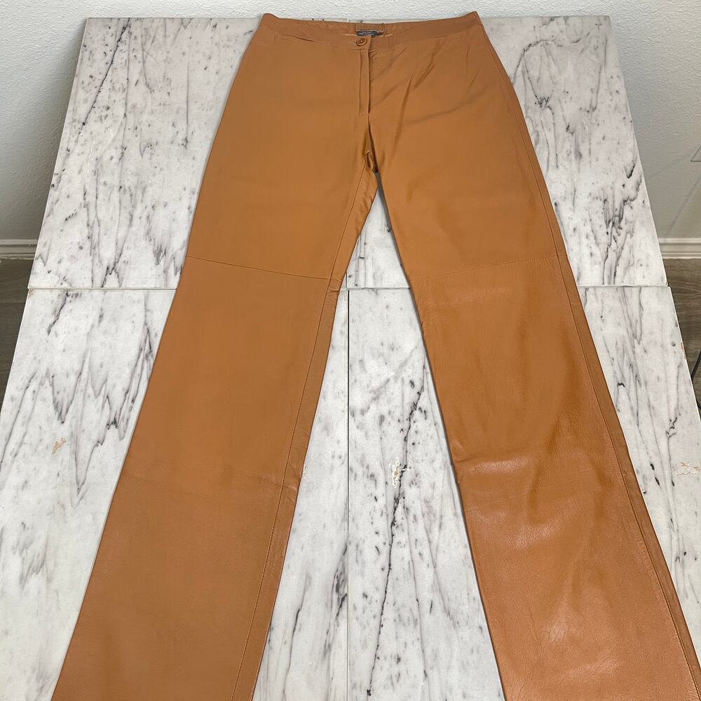 BCBG Max Azria Cognac Leather Pants Size 0 High Rise Straight Leg Real Leather - Picture 2 of 10